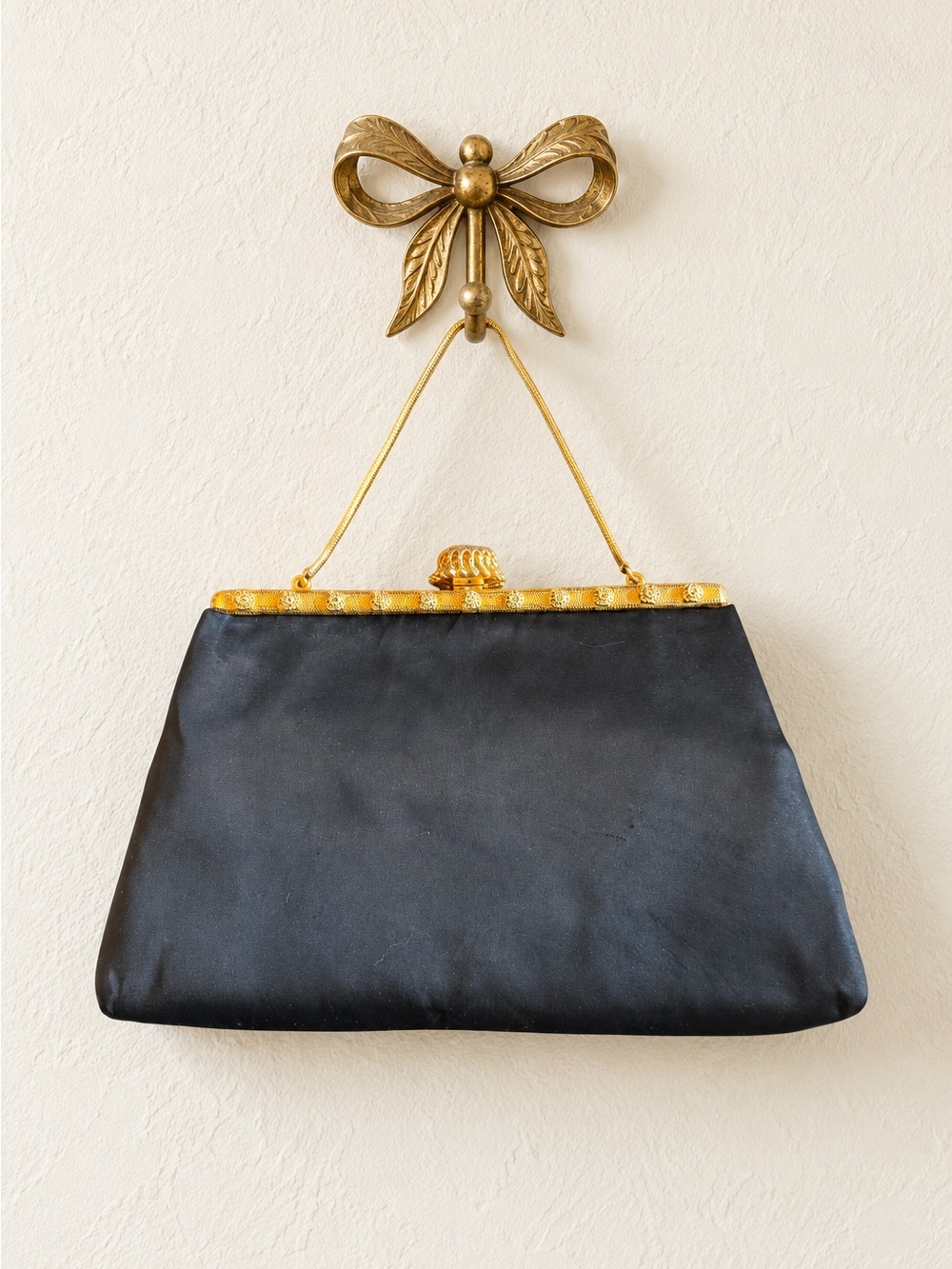 Vintage 1950s Black Satin Evening Purse with Ornate Gold Enamel Frame